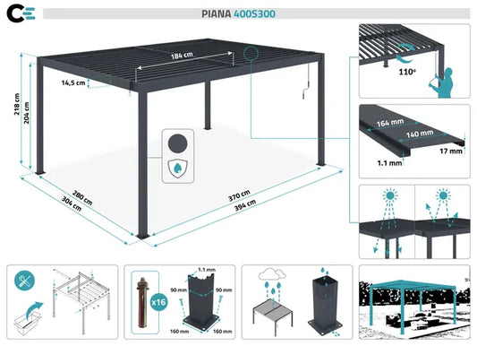 Pergola bioclimatique autoportante Gris en Aluminium 12 m²
