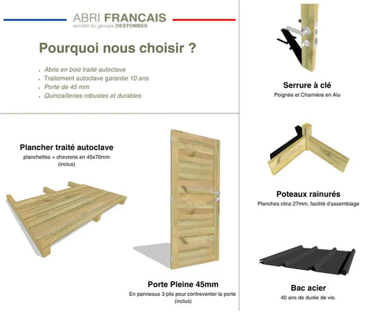 Abri de Jardin bois Pin traité autoclave 27mm - 4,195x2,14m / 9m2 - Bac acier - Plancher bois